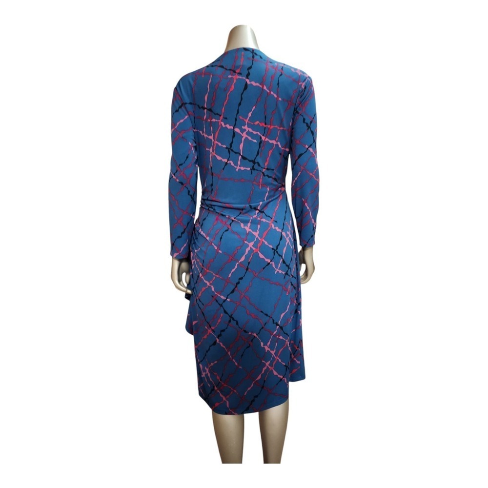 Classic Feminine Ruched Midi Dress Blue Abstract Print Workwear Office Chic 10 - Picture 5 of 16